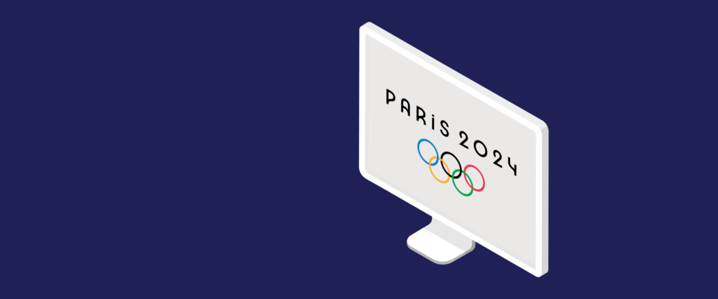 An illustration of a computer monitor displaying the text "PARIS 2024" above the Olympic rings symbol, set against a dark blue background. The image represents the upcoming Paris 2024 Summer Olympics.